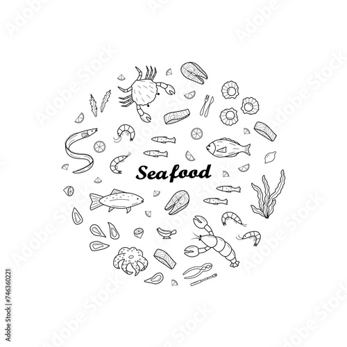 Seafood is a set of doodle icons. Vector illustration of seafood and cuisine.