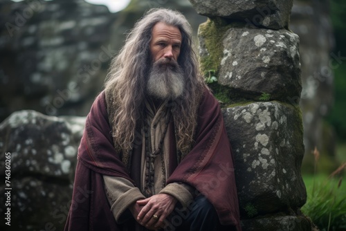 Druid priest in his 60s holding a ceremony amidst the ancient stones of a mystical Irish ruin