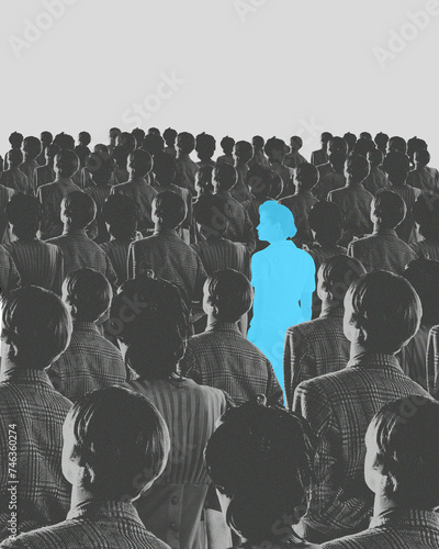Fotografía Blue silhouette pf person standing in monochrome crowd of different people