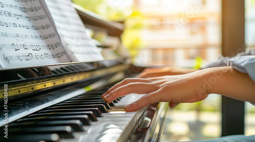 Creative Melody: Musician's Hands Playing Piano with Sheet Music, Capturing the Essence of Composition and Performance in Natural Light
