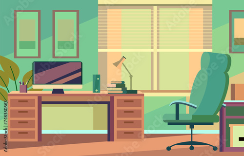 Flat Vector Design of Colorful Office Room with Monitor and Bookshelf in Workspace