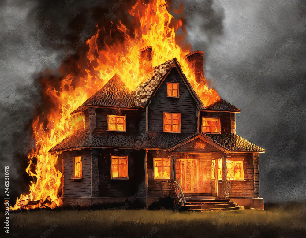 Burning old wooden house in the village at night Burning old wooden house in the village at night