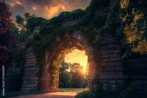 A majestic, stone archway overgrown with ivy, marking the entrance to an ancient kingdom at sunset. Soft light filters through the leaves, creating a magical, welcoming atmosphere.