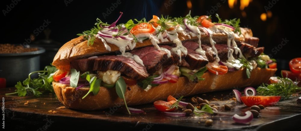 Tasty grilled beef sandwich with vegetables and sauce on wooden board.