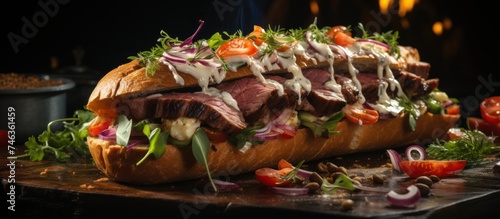 Tasty grilled beef sandwich with vegetables and sauce on wooden board.