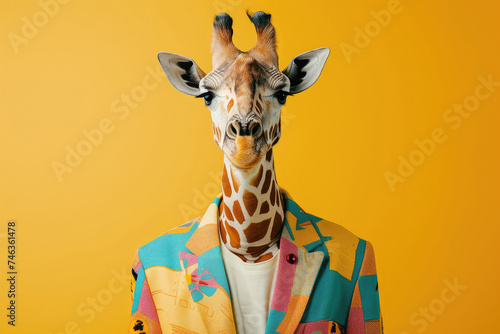 Giraffe in a suit with a mosaic of bright geometric shapes combined with a plain ivory t-shirt on a yellow studio background © boxstock production