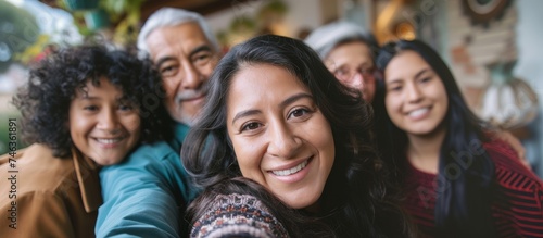 A diverse group of people taking multiple selfies together in a row