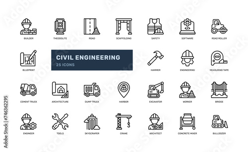 civil engineering builder heavy machine repair maintenance architecture detailed outline line icon set