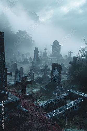 A fantasy landscape of an ancient cemetery shrouded in fog photo