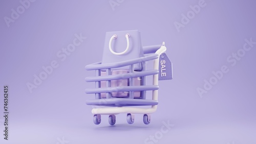 3D Illustration of a shopping cart with a parcel box and a shopping bag on it.
