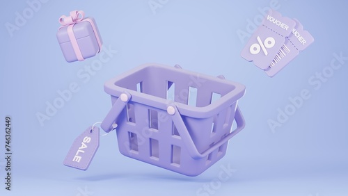3D Render Purple shopping basket, with gift box, gift voucher and sale tag. on a blue background.