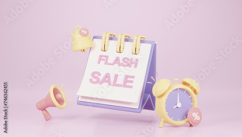 3D Render Flash sale calendar, decorate with megaphone, bell, alarm clock.