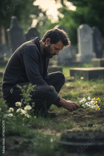 A grieving man kneels to place flowers on a grave in a serene cemetery, surrounded by tombstones and soft natural light.  © RaptorWoman