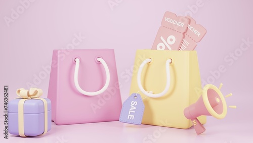 3D Illustration of Colorful Shopping Bag with Sale Tag, gift voucher, gift box, alarm clock, megaphone.