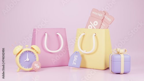 3D Illustration of Colorful Shopping Bag with Sale Tag, gift voucher, gift box, alarm clock.