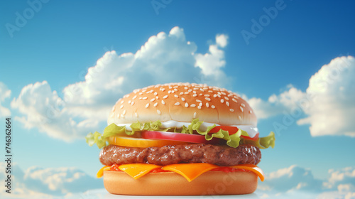 Picture of a delicious hamburger under blue sky 