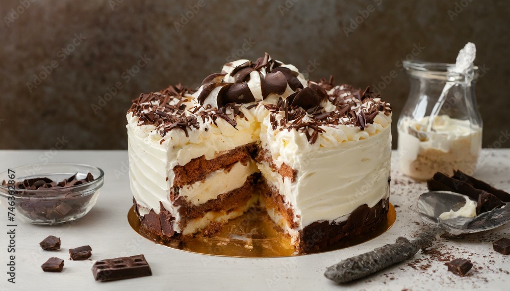 Black Forest Cake with red cherry full and slice close up Black Forest Cake with red cherry full and slice close up