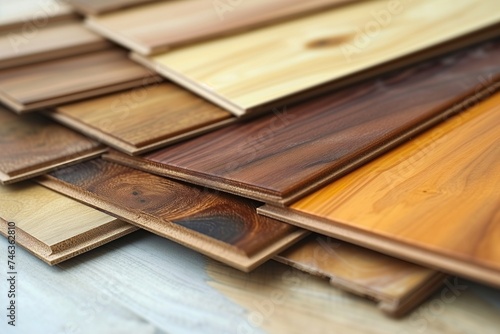 Assorted wood laminate samples displayed, showcasing various colors, grains, and patterns