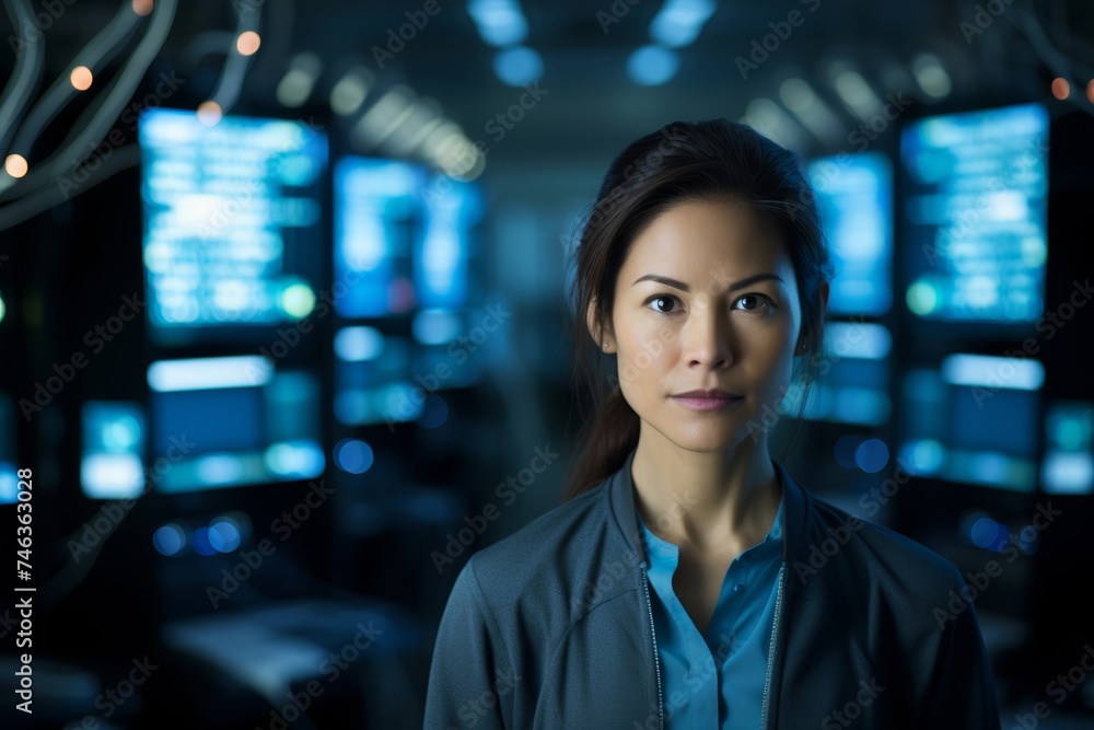 Female computer scientist in her late 30s, working on algorithms in a computer science lab, with computer monitors and servers behind her Female computer scientist in her late 30s, working on algorithms in a computer science lab, with computer monitors and servers behind her
