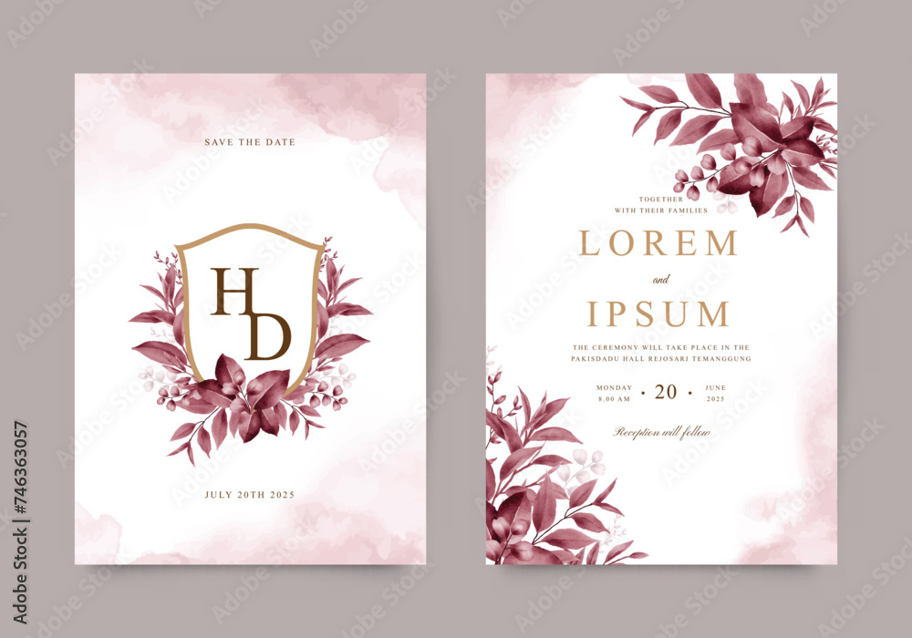 Elegant maroon foliage wedding invitation card Elegant maroon foliage wedding invitation card