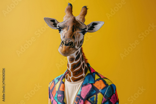 Giraffe in a suit with a mosaic of bright geometric shapes combined with a plain ivory t-shirt on a yellow studio background
