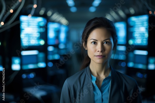 Female computer scientist in her late 30s, working on algorithms in a computer science lab, with computer monitors and servers behind her