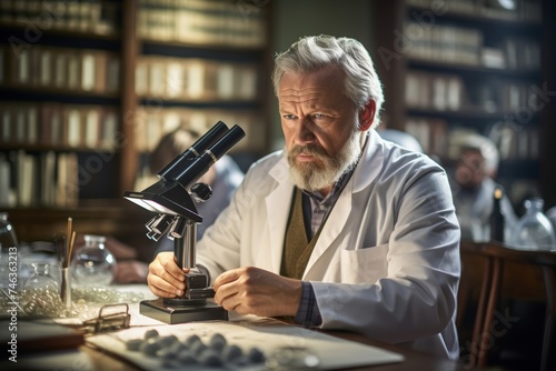
Portrait photograph of a male biologist in his early 50s, seated in a biology lab, examining samples under a microscope with a focused expression