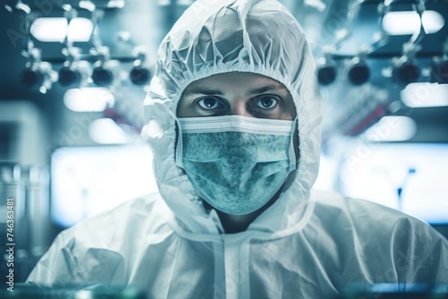 
Portrait photograph of a male epidemiologist in his mid-30s, examining virus cultures in a virology lab, wearing protective gear