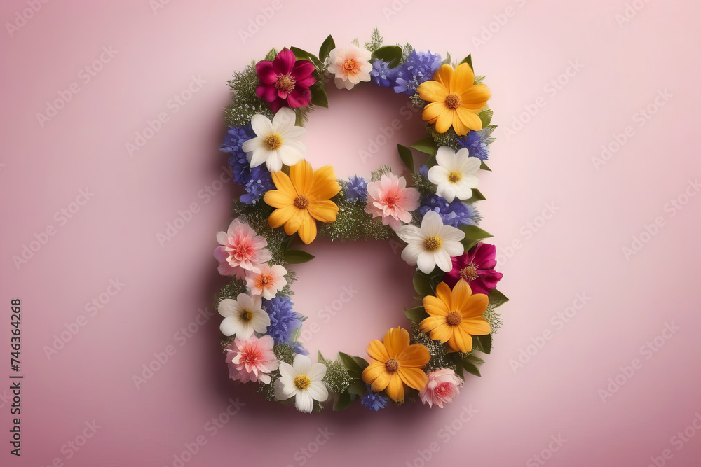 International Women's Day. flyer, beautiful postcard for March 8. Flowers in the shape of the number 8 on a pink background