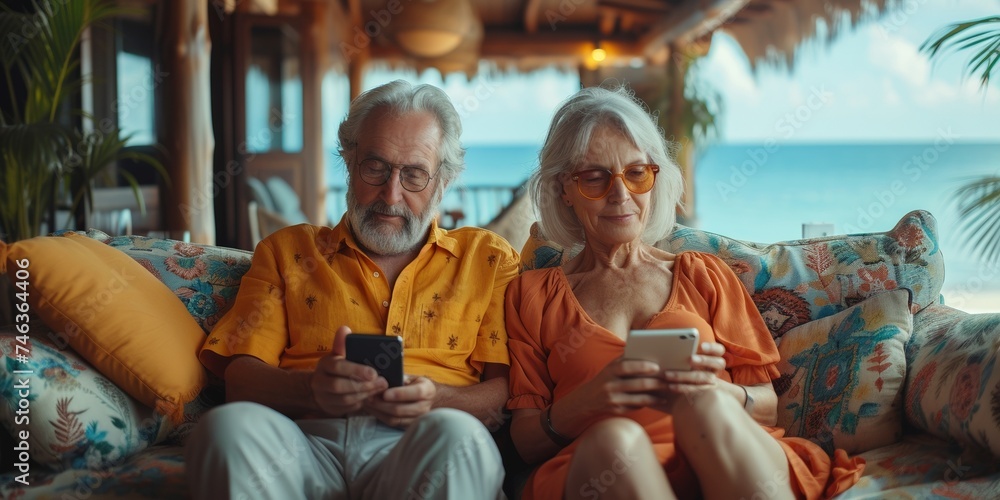 A senior couple enjoying relaxation by the sea, using technology for texting and online communication.