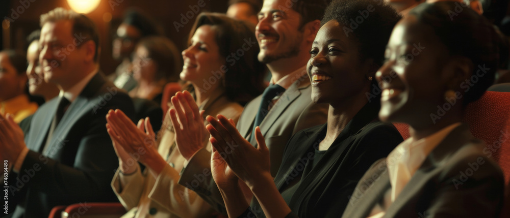 Fototapeta premium Audience applauding enthusiastically at an event, sharing enjoyment.