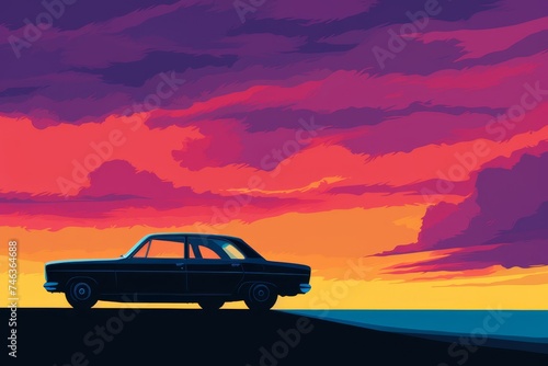  Silhouette of a car at sunset with emissions clearly visible against the colorful sky