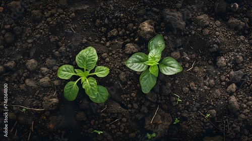 Two Tiny Plants Growing in Dirt-covered Soil photo