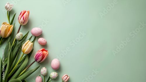 border banner with colorful tulips and easter eggs on the soft green background with a copy space