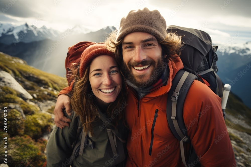 Two friends hiking together in the mountains to celebrate World Health Day Two friends hiking together in the mountains to celebrate World Health Day
