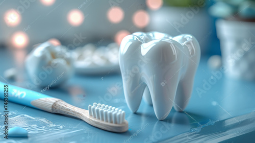 illustration of 3d healthy white tooth and a tooth brush against a blue background,generative ai photo