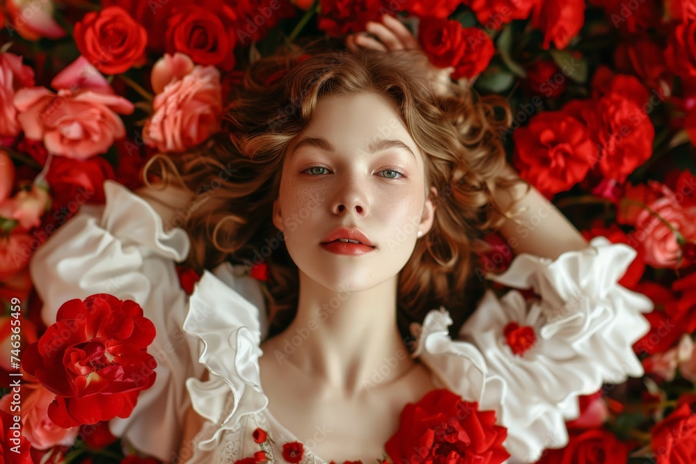Beautiful Woman in Blooming Roses, Large Flowers, Beautiful Princess, Festive Atmosphere, Copy Space Beautiful Woman in Blooming Roses, Large Flowers, Beautiful Princess, Festive Atmosphere, Copy Space