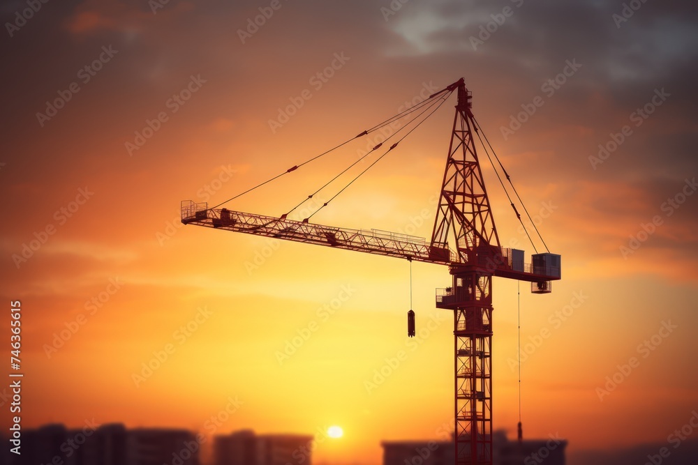 Golden sunrise with the silhouettes of cranes and skyscrapers