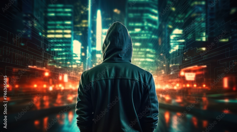 A hacker in a hoodie from a rear view. The scene is set against a backdrop of a nighttime city A hacker in a hoodie from a rear view. The scene is set against a backdrop of a nighttime city