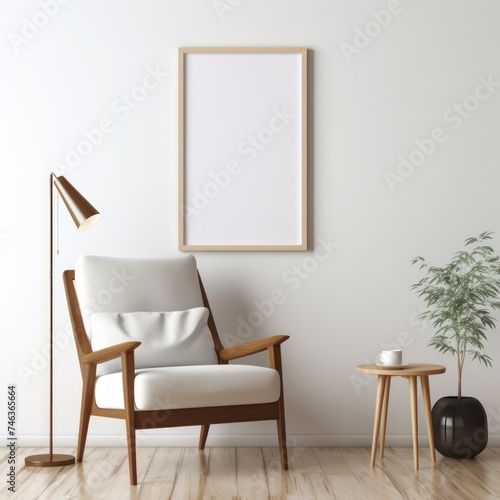 Empty frame in a living room interior with an armchair.