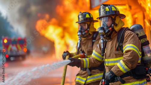 firemen using fire hose to extinguish a fire Inside burning building,generative ai