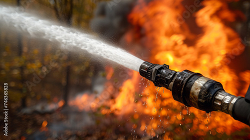 firemen using fire hose to extinguish a fire Inside burning building,generative ai
