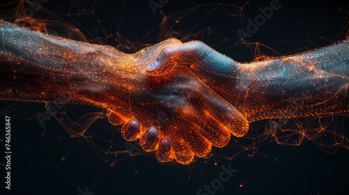 Handshake, Two wire-frame glowing hands, technology, business, trust concept,generative ai photo