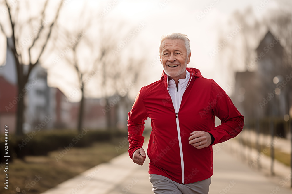 Obraz premium Senior man going for run and living healthy lifestyle for longevity. Sports, running, active lifestyle. Elderly active people.