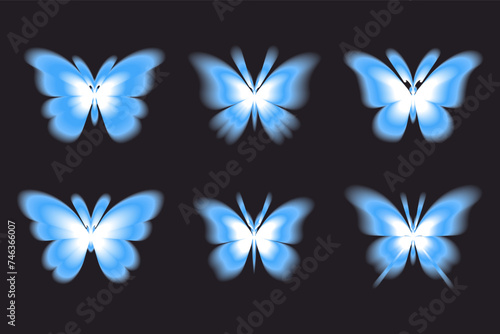 Aura butterfly y2k futuristic aesthetic figure collection, neon abstract blurry shapes isolated on dark background.