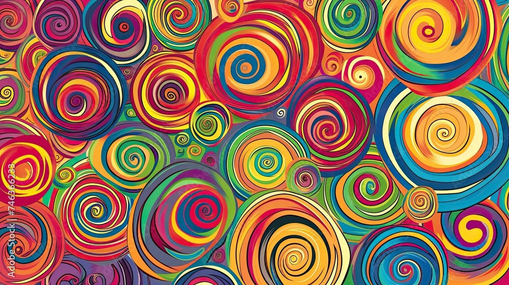 Abstract doodle spiral patterns. Dynamic, whimsical, psychedelic, vibrant, artistic, imaginative, swirling, abstract, digital, design.. Generated by AI