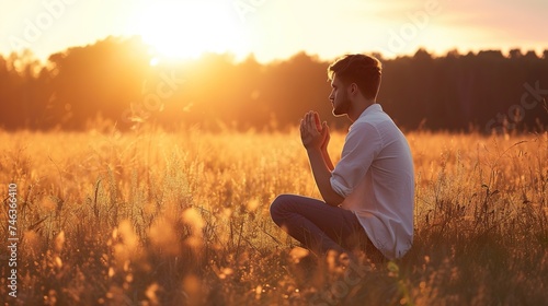 Man praying in the sunset meadow