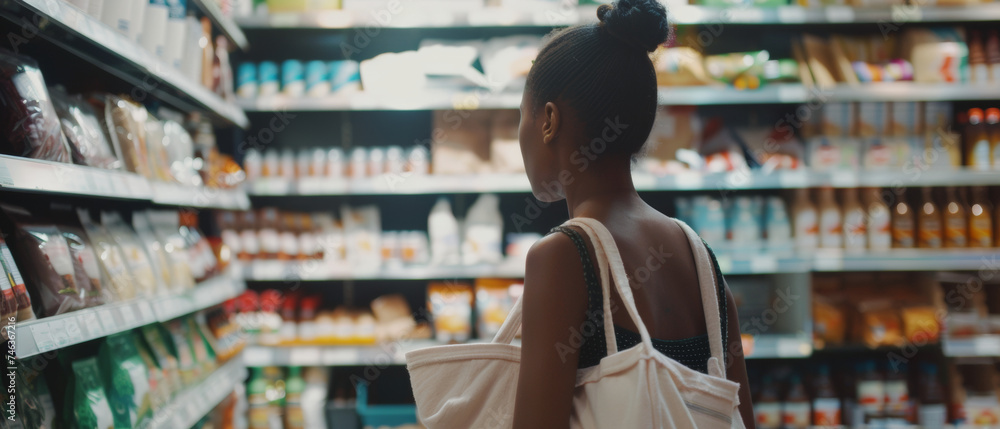 Young girl with tote bag contemplating food choices in a brightly lit grocery store aisle.