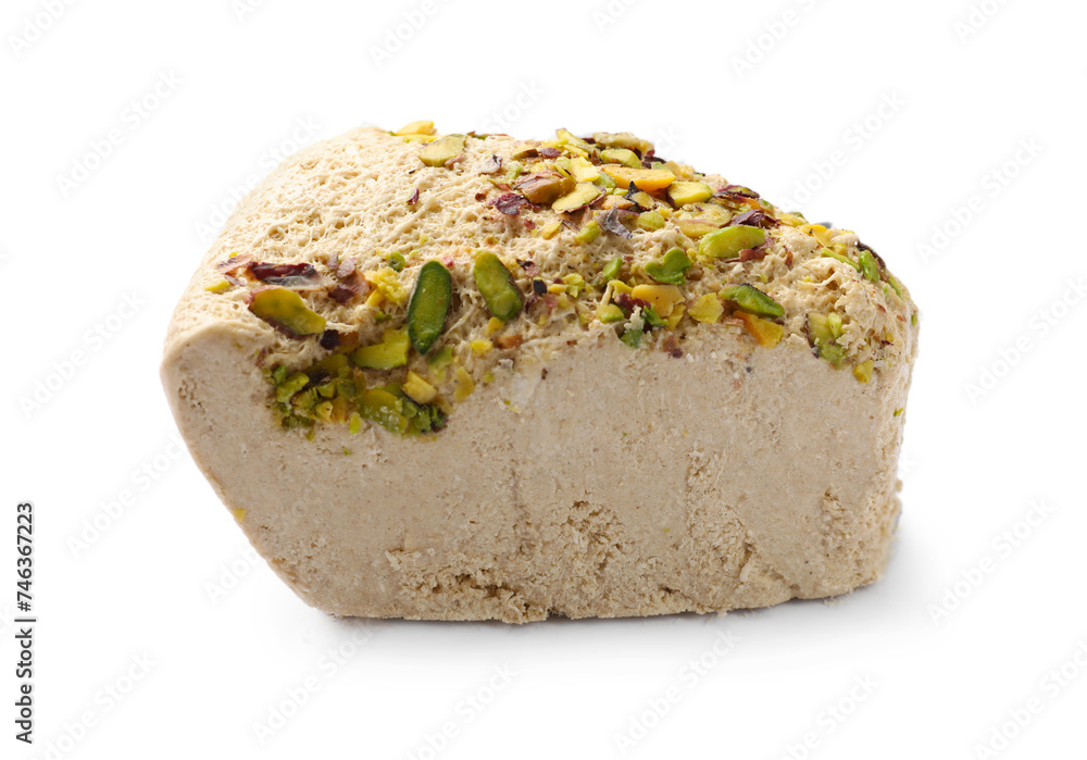 Piece of tasty halva with pistachios isolated on white Piece of tasty halva with pistachios isolated on white