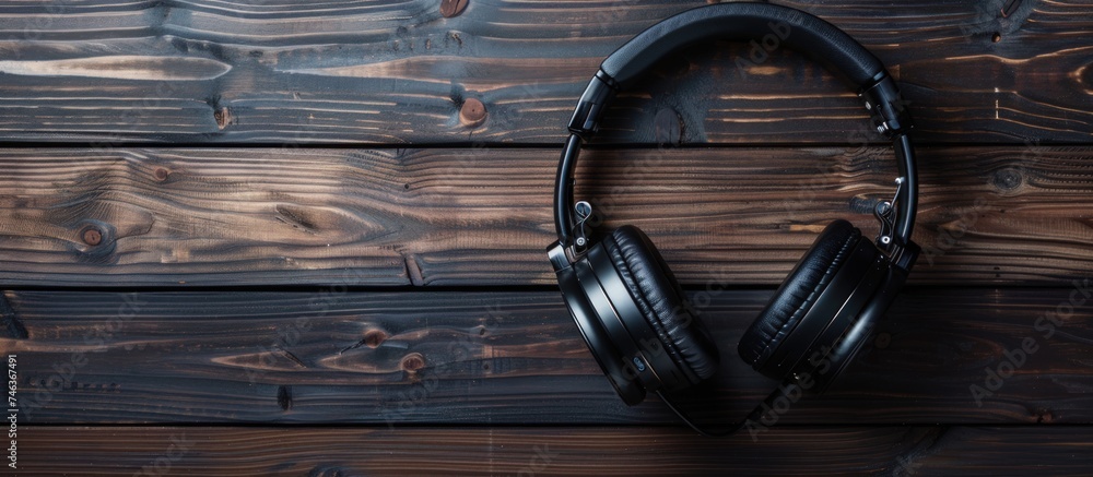 Black headphones on rustic wooden table background. AI generated image Black headphones on rustic wooden table background. AI generated image